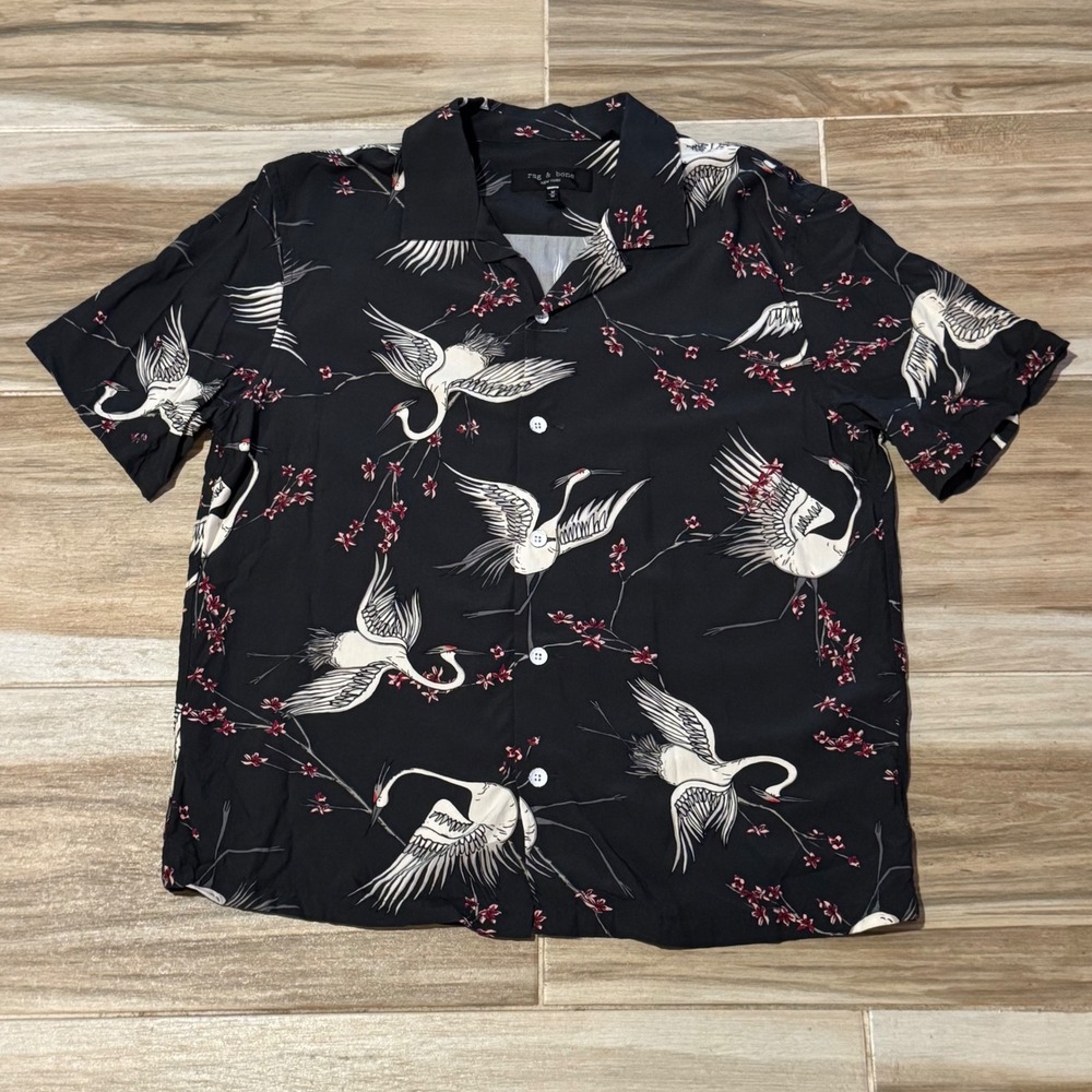Rag & Bone Avery Crane Print Bowling Shirt Black Viscose Camp Collar Mens M